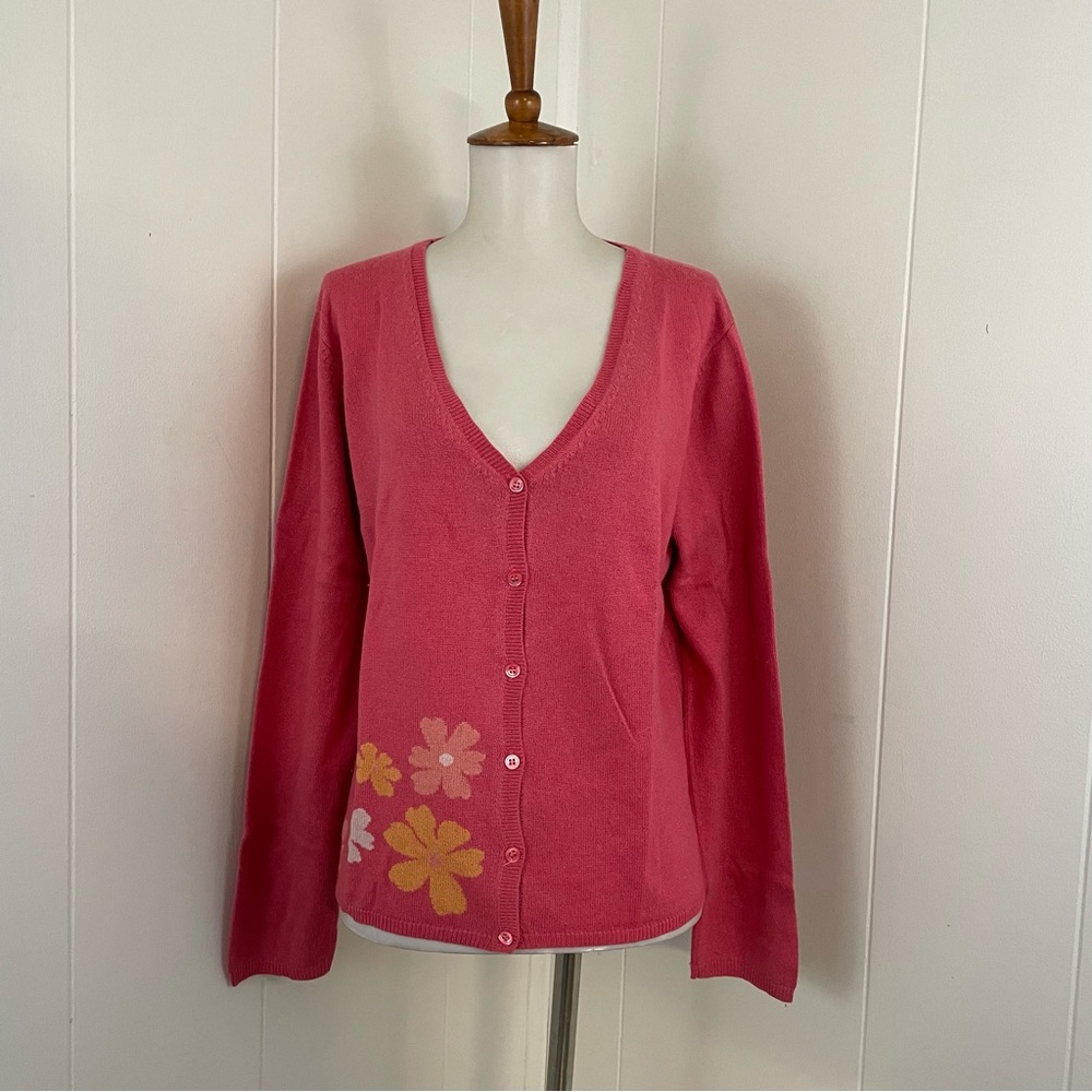 LL Bean Pink Cardigan Sweater Women’s M‎ Silk Cashmere Floral Knit V-Neck - Picture 2 of 8